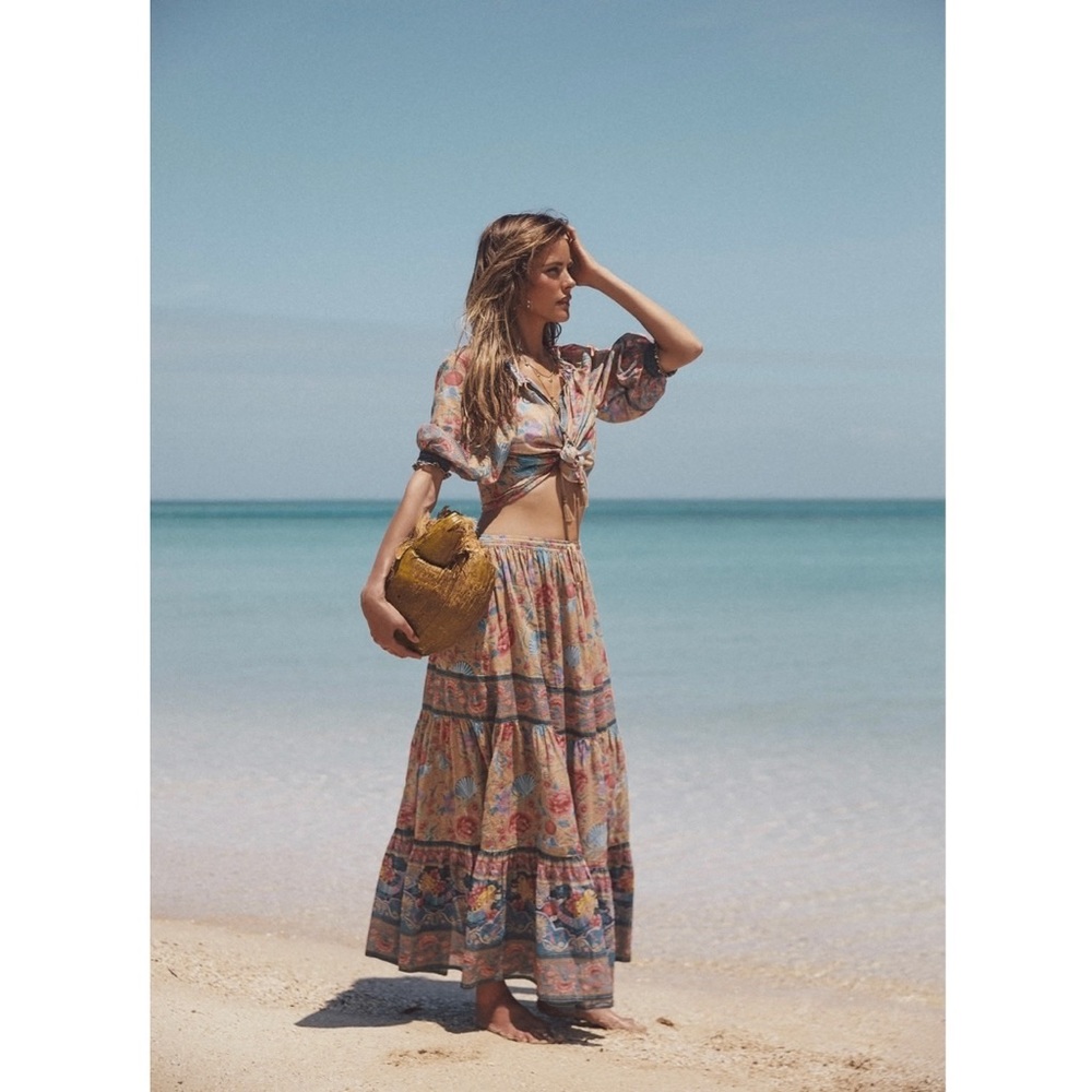 Spell Pink and Tan Tiered Maxi Skirt Resort Wear